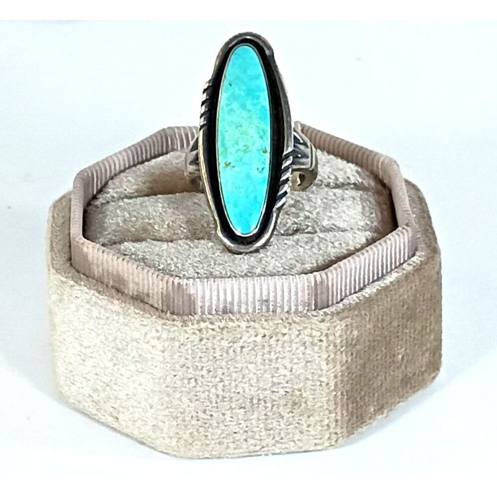 Vintage Bell Trading Post Sterling Silver Turquoise Ring Size 5 Elongated Caboch